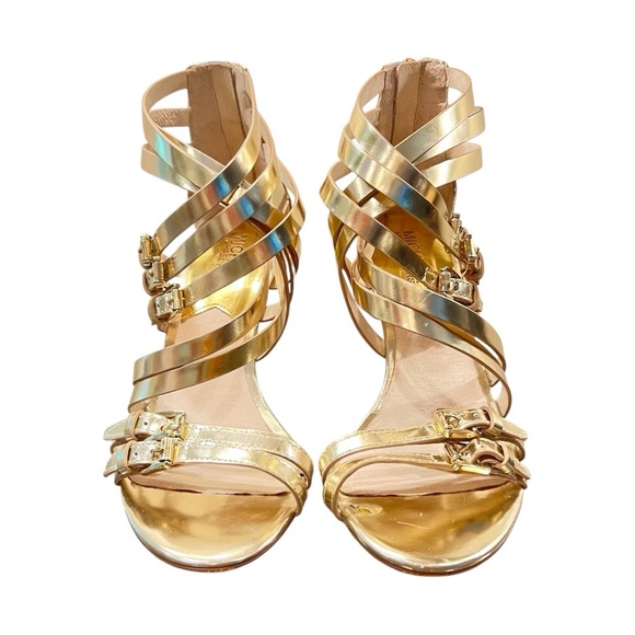 Michael Kors Ava Leather Multi Strap Buckle Zip 3.5” Heel Gold Sandal Size 7.5 - Picture 3 of 9